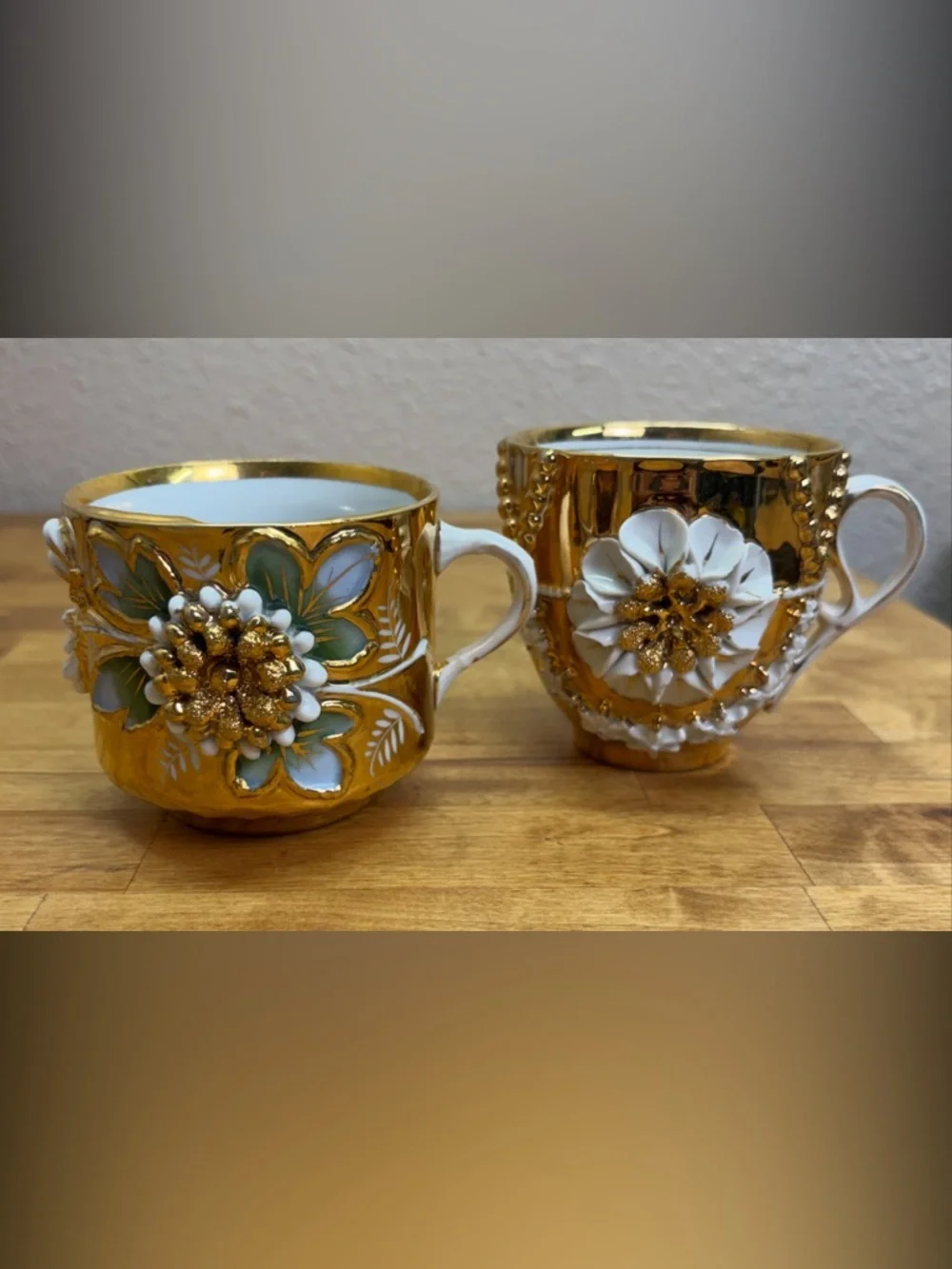 Antique German Gold Luster Mustache Cup & Tea Cup Set 3D Applied Flower 1890s